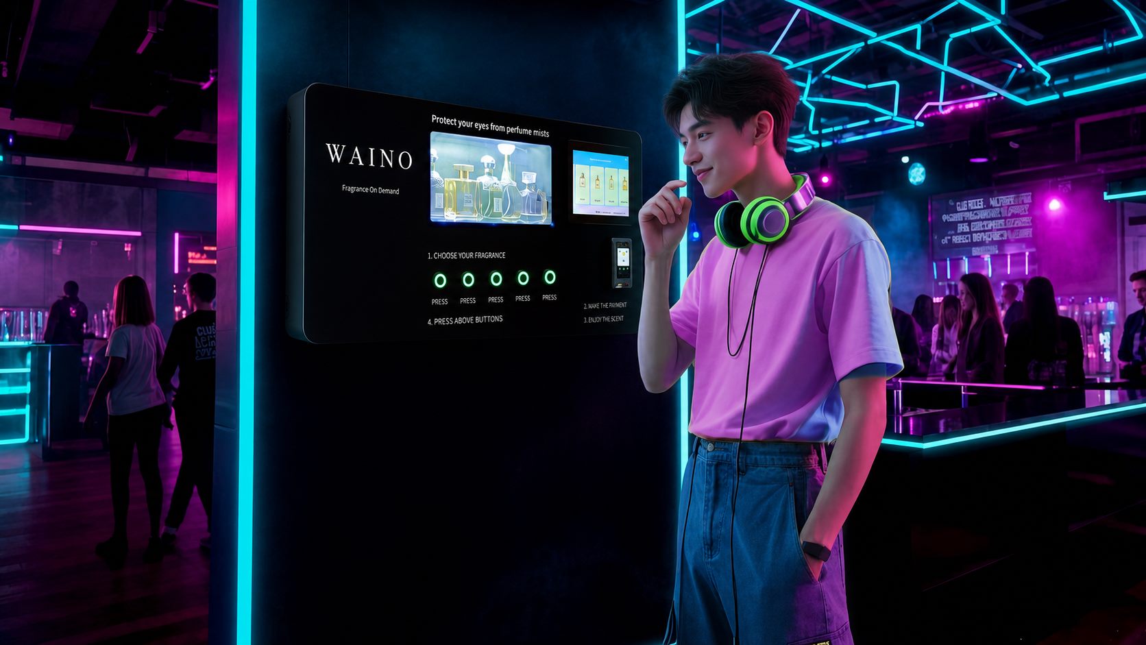 Asiakas tutkii WAINO-automaattia yökerhossa neonvalojen keskellä